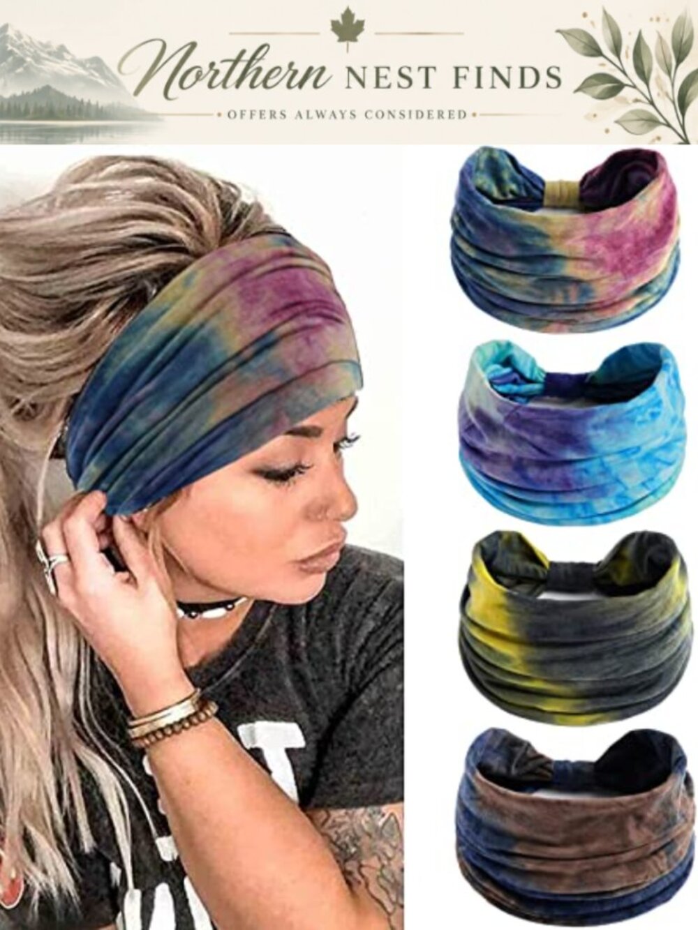 4 Pack Wide Knotted Turban Headbands Cotton Polyester Non Slip Yoga Running